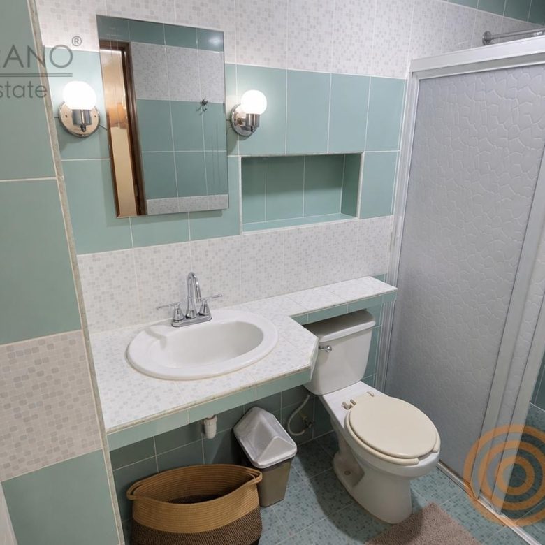 Baño completo con regadera y lavabo en azulejo verde