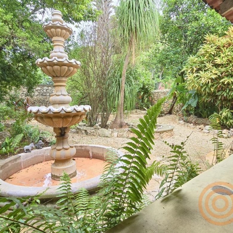 Jardín con fuente de cantera entre vegetación