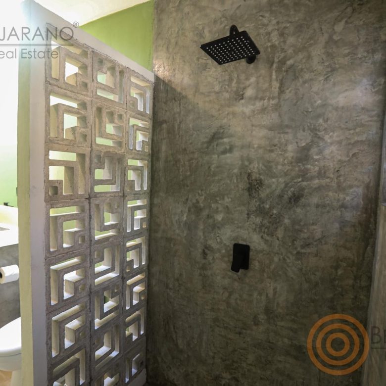 Regadera con celosía y acabados en concreto
