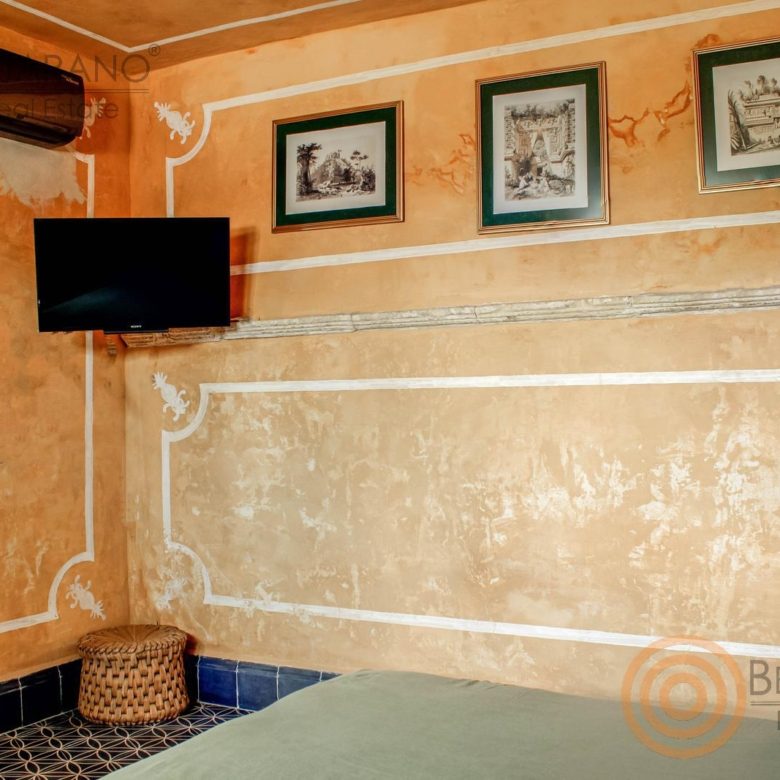 Recámara con muros decorados, TV y aire acondicionado