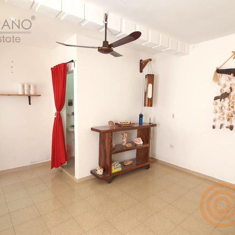 Sala con ventilador de techo y repisas
