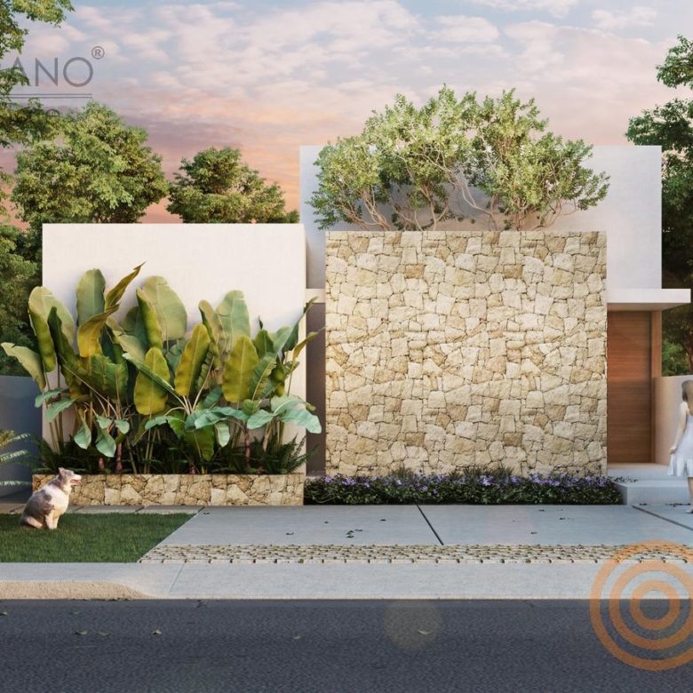 Fachada de la casa nueva con muro de piedra y jardín (render del proyecto)