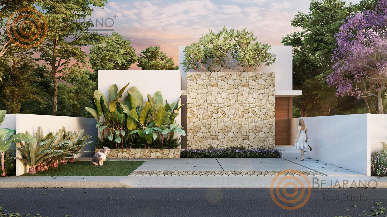 bre-fin-kan-01 Fachada de la casa nueva con muro de piedra y jardín (render del proyecto)