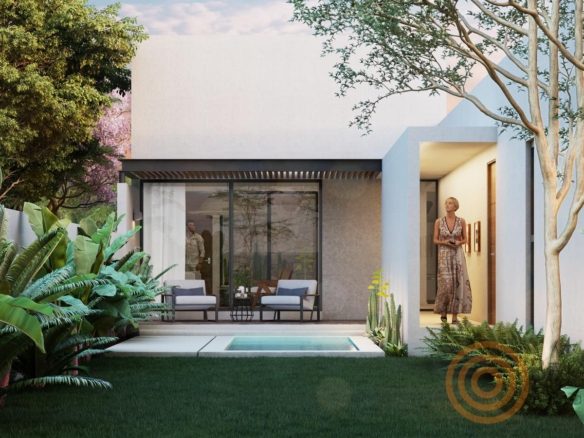 Patio con alberca privada y terraza techada (render del proyecto)