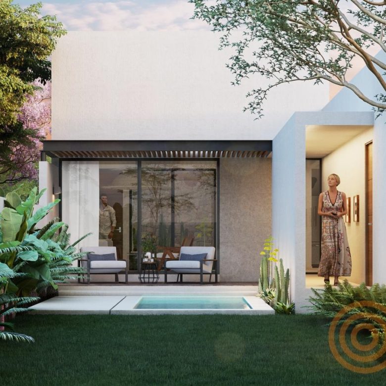 Patio con alberca privada y terraza techada (render del proyecto)