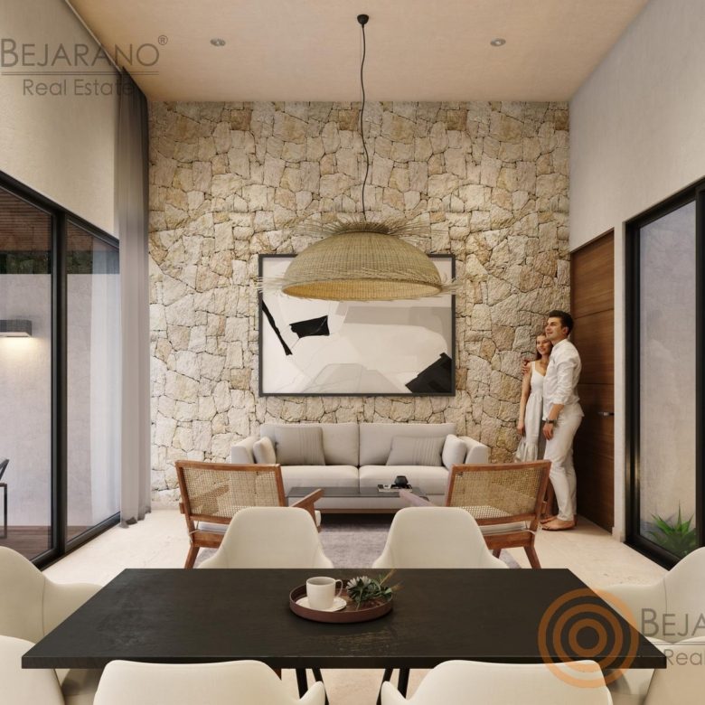 Sala y comedor de concepto abierto con muro de piedra (render del proyecto)