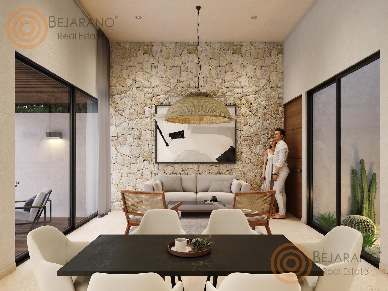 bre-fin-kan-03 Sala y comedor de concepto abierto con muro de piedra (render del proyecto)
