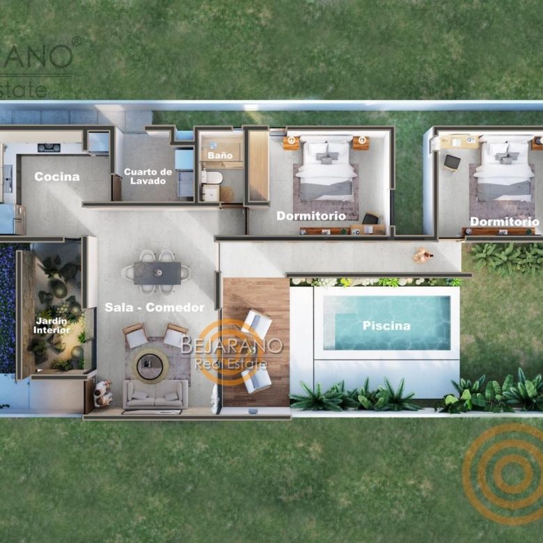 Plano de la casa: sala, comedor, 2 recámaras, alberca y estacionamiento
