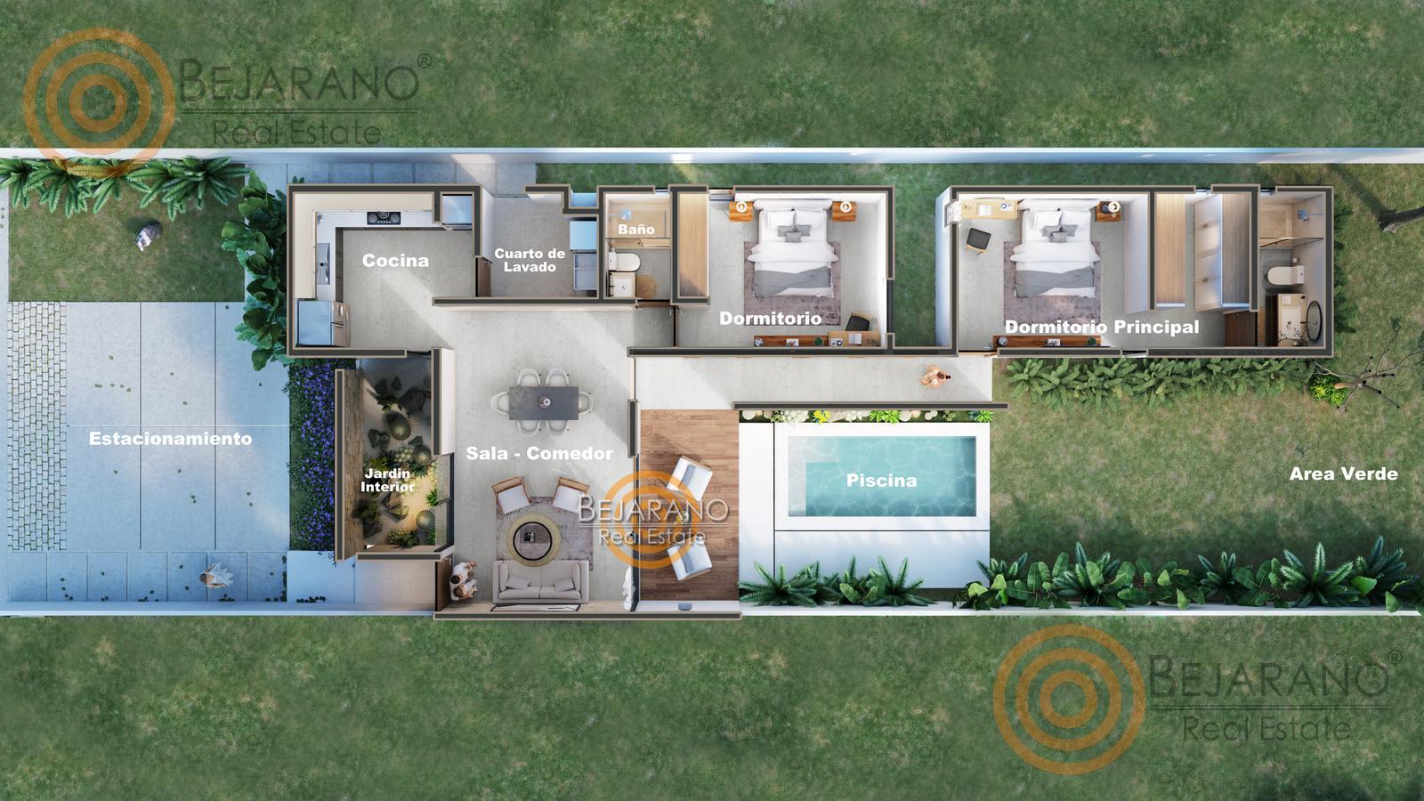 bre-fin-kan-04 Plano de la casa: sala, comedor, 2 recámaras, alberca y estacionamiento