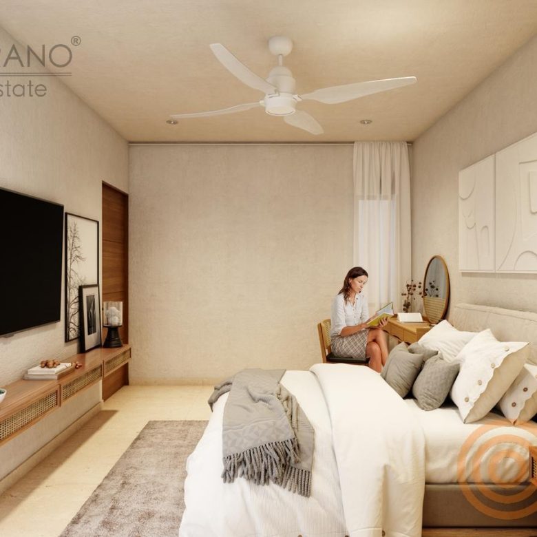 Recámara con TV, ventilador y ventanal al jardín (render del proyecto)