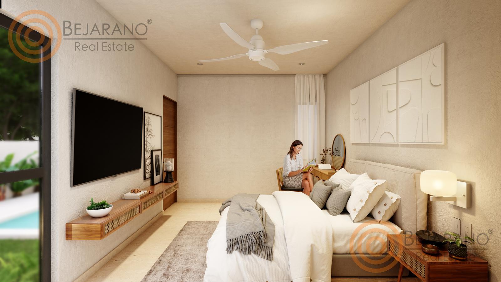 bre-fin-kan-05 Recámara con TV, ventilador y ventanal al jardín (render del proyecto)