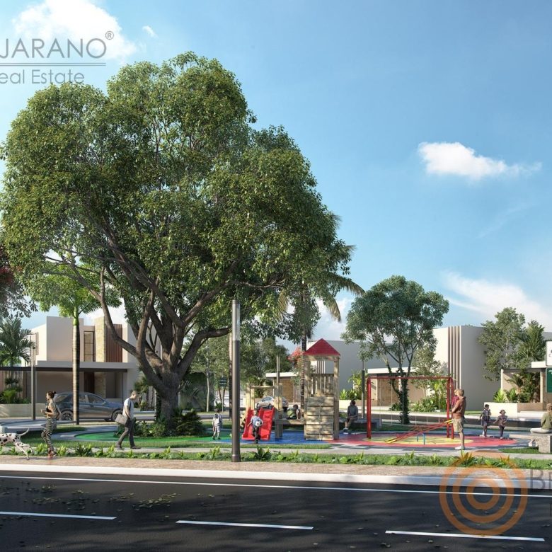 Áreas verdes y juegos infantiles del fraccionamiento (render del proyecto)