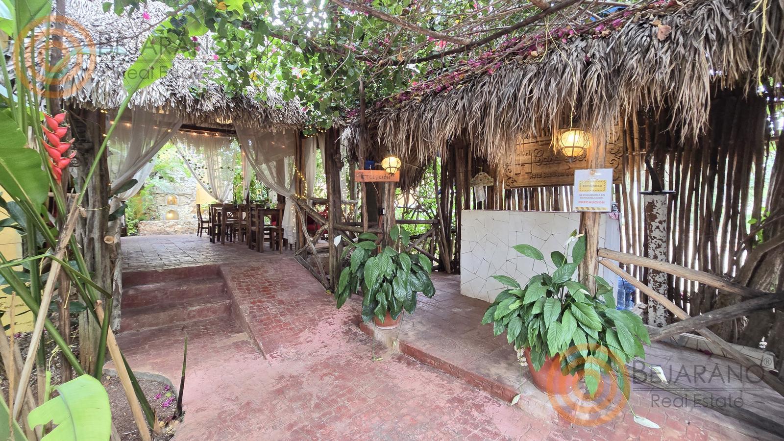 bre-hr-temoz-n-26 Entrada a la cafetería bajo palapa entre plantas
