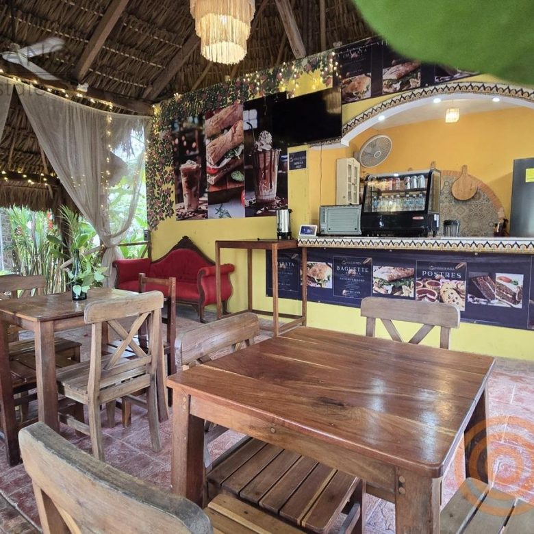 Cafetería y pizzería bajo palapa con mesas de madera