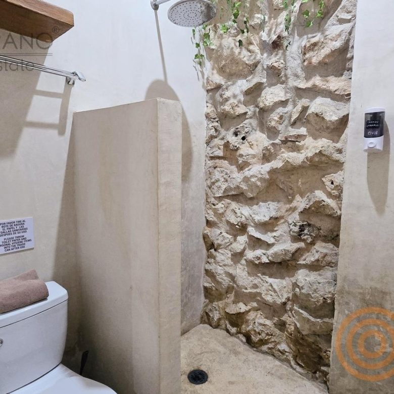 Baño con regadera y muro de piedra natural en una habitación del hotel