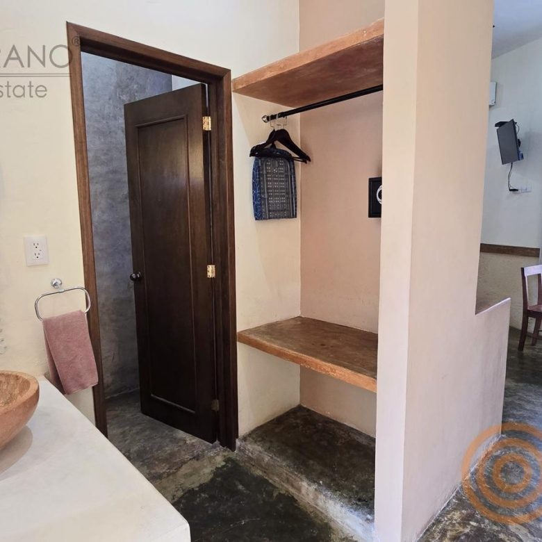 Lavabo de piedra y área de clóset en una habitación del hotel