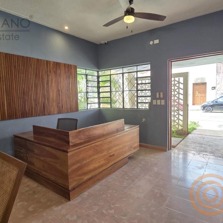 Mostrador de recepción de madera y puerta de acceso