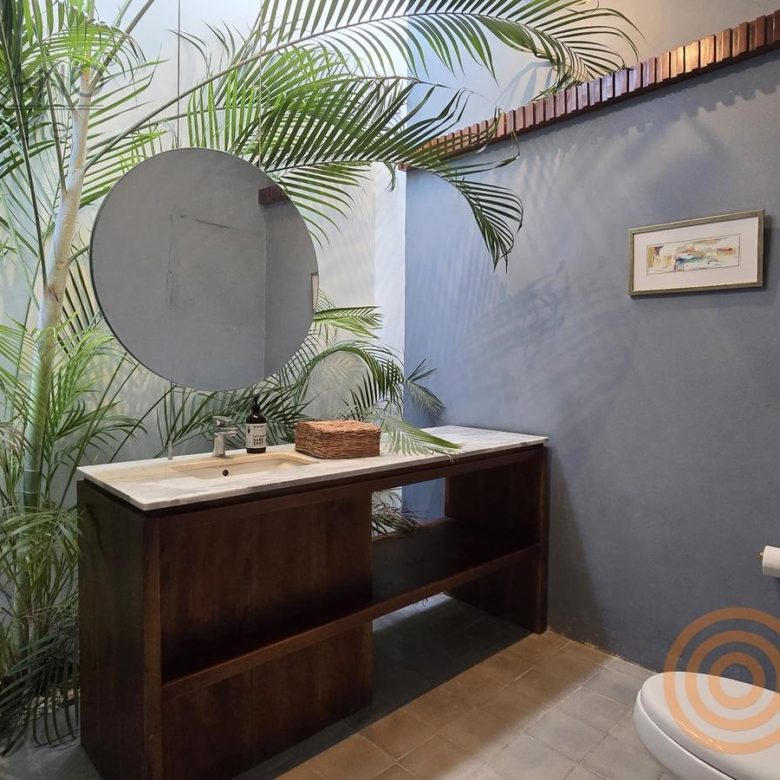 Lavabo de madera con espejo redondo y plantas