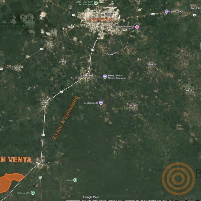 Ubicación del rancho respecto a Valladolid en vista satelital