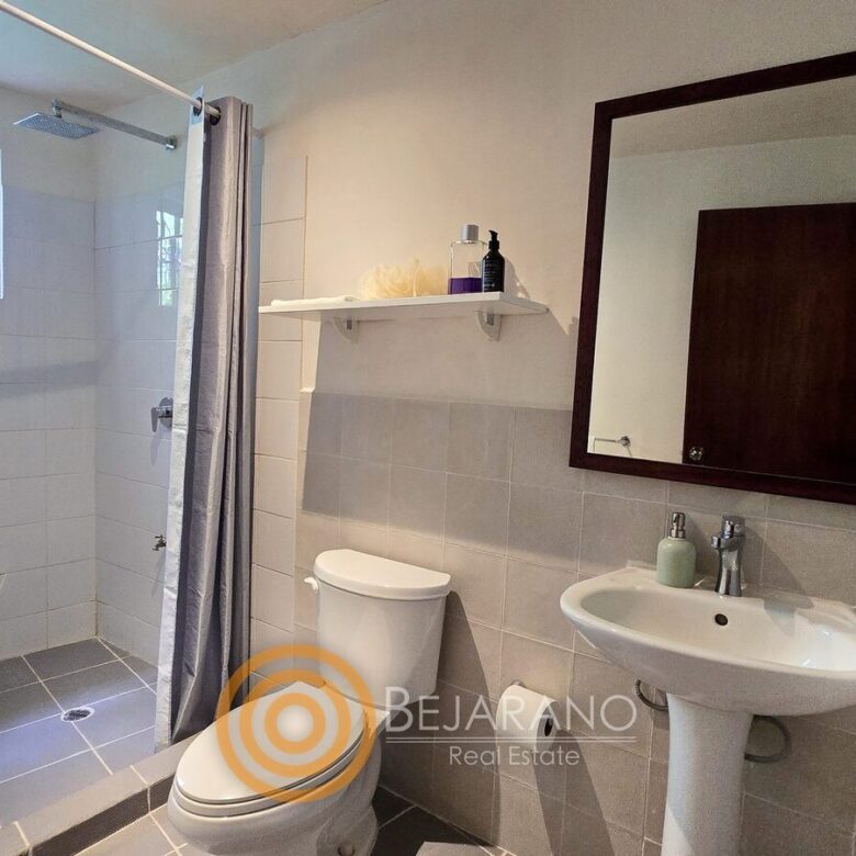Baño con regadera, lavabo de pedestal y espejo de marco oscuro