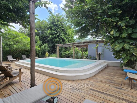 Alberca rodeada de árboles con camastros sobre deck de madera