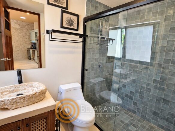 Baño con regadera de azulejo gris, lavabo de piedra y cuadros de agave