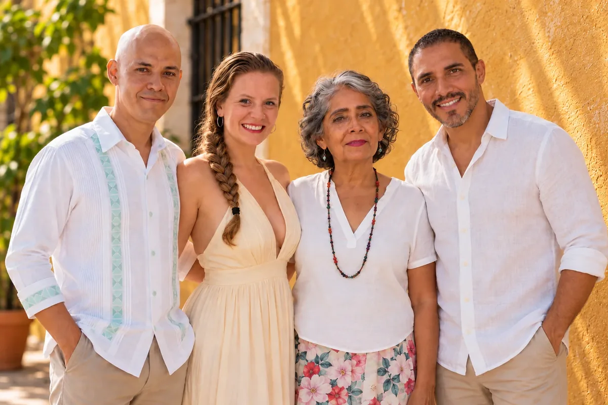 Grecco, Sophie, Gabriela y Gareth, la familia de Bejarano Real Estate, en una calle de Valladolid, Yucatán