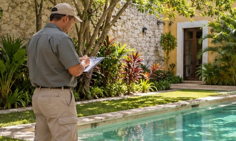 Servicio administrar Encargado de mantenimiento revisa con una libreta el jardín y la alberca de una casa colonial