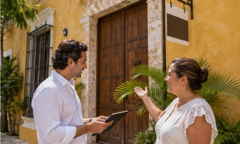 Servicio vender Agente con tableta conversa con la propietaria frente a la fachada colonial de su casa